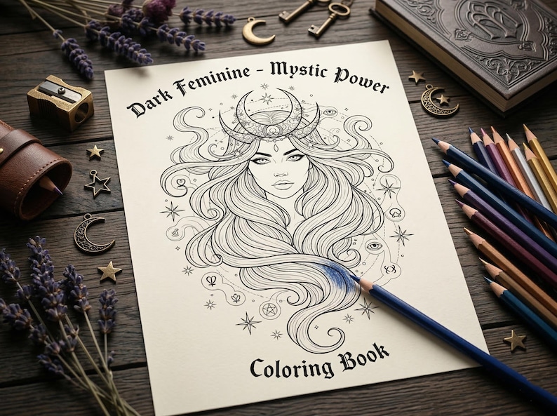Dark Feminine Mystic Power Coloring Book | Gothic Witchy Art (Digital Download) image 1