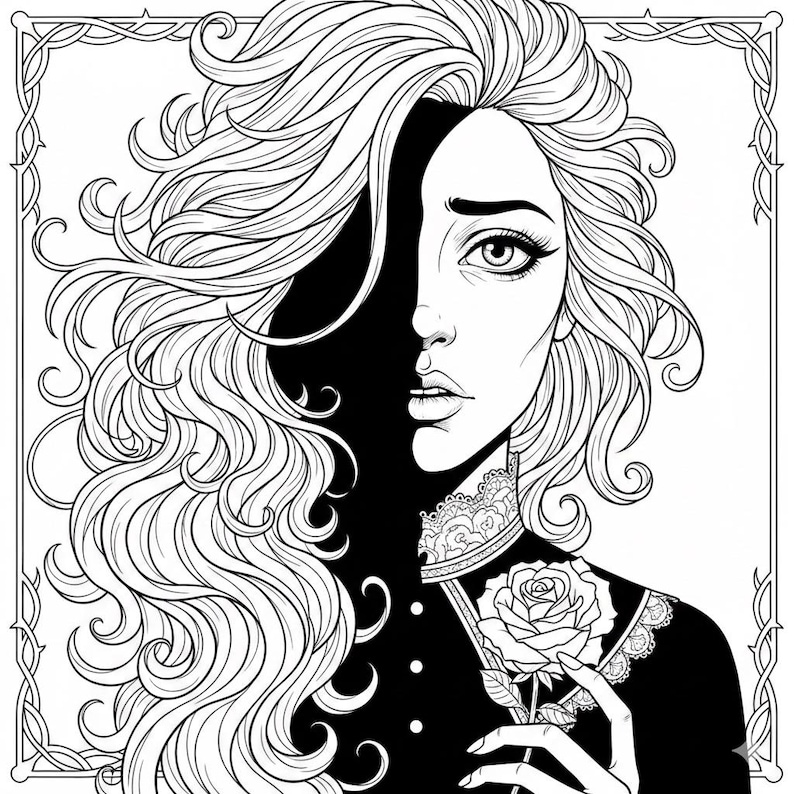 May include: Black and white illustration of a woman with long, flowing hair, half of her face in shadow. She wears a high-collared dress and holds a rose. The image is framed with a decorative border, suitable for coloring.
