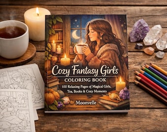 Cozy Fantasy Girls Coloring Book, 100 Relaxing Pages, Witchy Cottagecore Scenes (Digital Download)