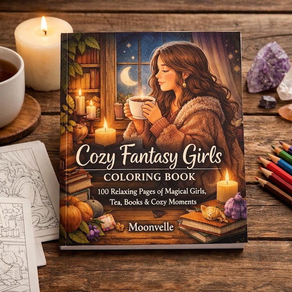 Cozy Fantasy Girls Coloring Book, 100 Relaxing Pages, Witchy Cottagecore Scenes (Digital Download)