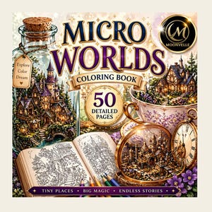Puede incluir: Un libro para colorear titulado "Micro Worlds" con temática de fantasía. La portada presenta un tarro, una taza de té y un reloj de bolsillo, cada uno con castillos y paisajes en miniatura. El libro tiene 50 páginas detalladas.