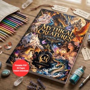 May include: A coloring book titled "Mythical Creatures" with a detailed cover illustration of a unicorn, dragon, wolf, and fairy. Includes a pencil case, colored pencils, and decorative items.