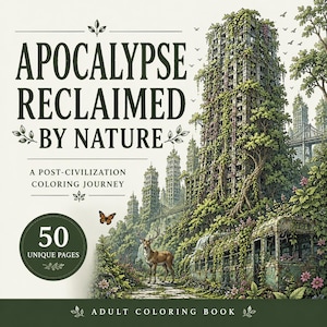 May include: An adult colouring book titled Apocalypse Reclaimed By Nature: A Post-Civilisation Colouring Journey. The cover features a deer, a butterfly, and an overgrown city with a bus covered in vines. A circular badge indicates 50 unique pages.