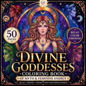 以下が含まれることがあります： 「Divine Goddesses Coloring Book」というタイトルの正方形の塗り絵。長い赤毛と青いペンダントを持つ女性のイラストが中央に描かれています。表紙には「50 PAGES」の文字と「RELAX COLOR EMPOWER」の文字があります。この本のテーマは神話と女性的なエネルギーです。