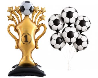 Giant Soccer Trophy Standup Balloon Set, 7 Pack Soccer Party Balloons with Huge 5 Ft Standing Trophy & Soccer Balls