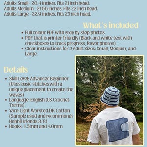 May include: A crochet pattern document for a striped bucket hat in blue and white tones. Includes measurements for adult sizes small (20.4 inches), medium (21.66 inches), and large (22.9 inches), plus details on skill level, yarn, and hook sizes.
