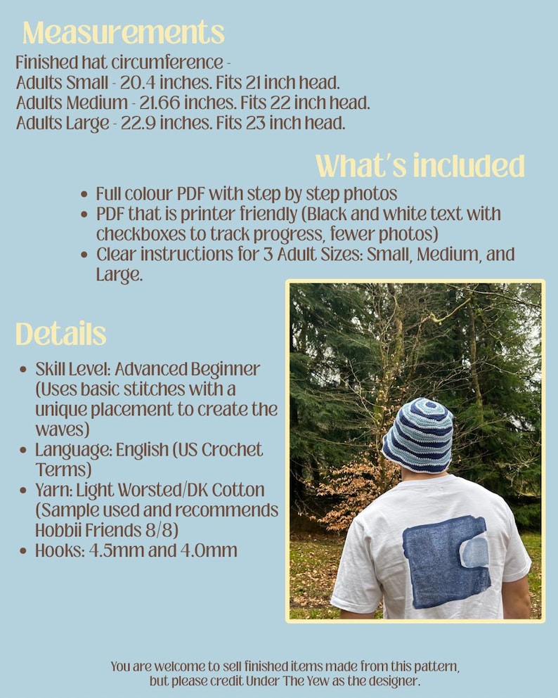 May include: A crochet pattern document for a striped bucket hat in blue and white tones. Includes measurements for adult sizes small (20.4 inches), medium (21.66 inches), and large (22.9 inches), plus details on skill level, yarn, and hook sizes.