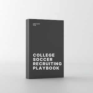 May include: A dark gray book titled "College Soccer Recruiting Playbook" with the author's name, Greyson Pew, at the top. The text is in white, contrasting against the solid background. The book is standing upright.
