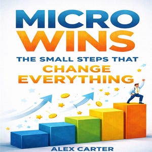 Pode incluir: Capa do livro com o título "MICRO WINS" em azul e laranja. O subtítulo diz "THE SMALL STEPS THAT CHANGE EVERYTHING". Uma ilustração mostra uma pessoa em um gráfico ascendente com setas, moedas e estrelas. O autor é Alex Carter.