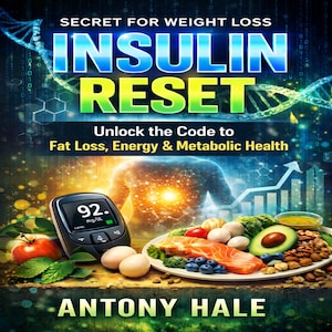 May include: Book cover with the title "INSULIN RESET" and the subtitle "Unlock the Code to Fat Loss, Energy & Metabolic Health." The cover features a glucose meter, a plate of food, and the author's name, Antony Hale.