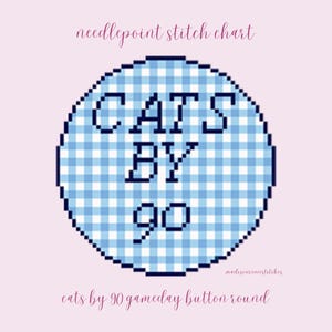 May include: A round needlepoint stitch chart with a blue and white gingham pattern. The text "CATS BY 90" is centered within the circle. The words "needlepoint stitch chart" and "cats by 90 gameday button round" are above and below the circle.