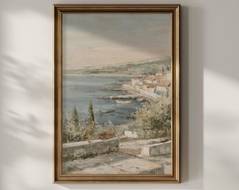 Old World Coastal Harbor Wall Art, Mediterranean Village Landscape Print (Digital Download)