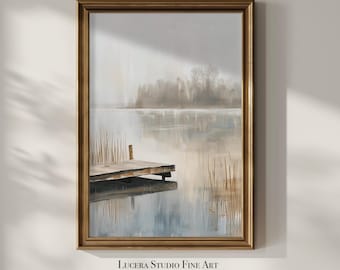 Misty Lake Dock Print, Calm Foggy Landscape Artwork, Neutral Nature Wall Decor (Digital Download)