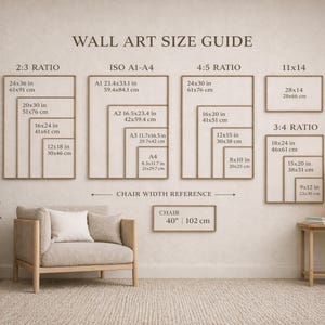 May include: A wall art size guide chart featuring various aspect ratios including 2:3, ISO A1-A4, 4:5, 11x14, and 3:4. The chart displays multiple frame sizes in inches and centimeters, with a chair width reference of 40 inches for scale.