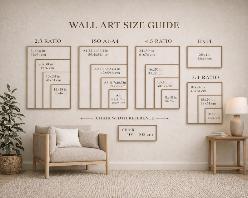 May include: A wall art size guide chart featuring various aspect ratios including 2:3, ISO A1-A4, 4:5, 11x14, and 3:4. The chart displays multiple frame sizes in inches and centimeters, with a chair width reference of 40 inches for scale.