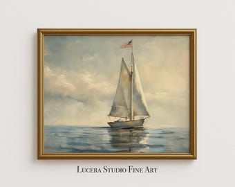 American Flag Sailboat Print, Coastal Seascape, 4th of July Wall Art (Digital Download)