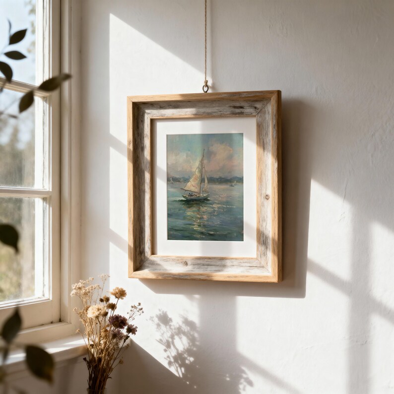 May include: A framed painting of a sailboat on water under a cloudy sky, enclosed in a rustic, weathered light brown wooden frame. The artwork is matted with a white border and hangs from a thin string against a plain white wall surface.