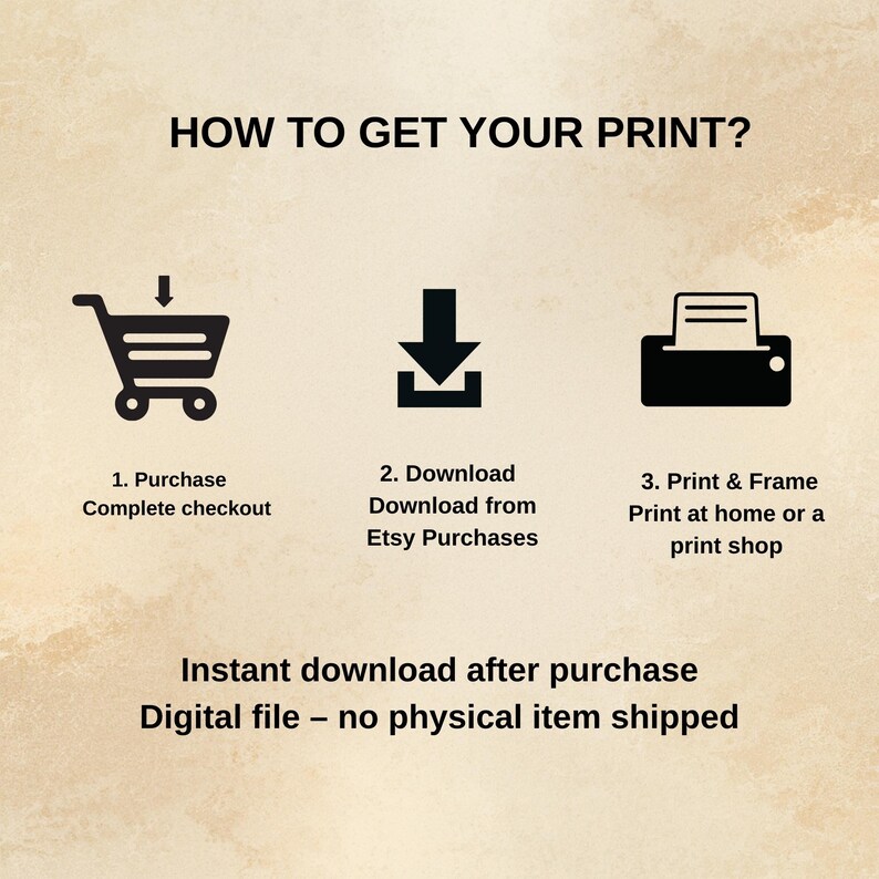 May include: An instructional graphic titled HOW TO GET YOUR PRINT? featuring three black icons: a shopping cart, a download arrow, and a printer. Text steps include: 1. Purchase Complete checkout, 2. Download Download from Etsy Purchases, 3. Print & Frame Print at home or a print shop. Bottom text states: Instant download after purchase Digital file &ndash; no physical item shipped.