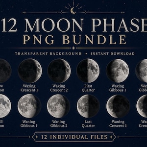 Pode incluir: Gráfico azul escuro com as 12 fases da lua, da Lua Nova ao Minguante 2. O texto "12 MOON PHASE PNG BUNDLE" está no topo. As palavras "TRANSPARENT BACKGROUND" e "INSTANT DOWNLOAD" também estão presentes. Download digital.