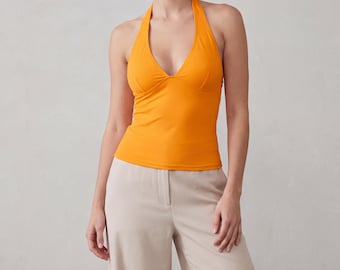 Halter Neck Backless Crop Top, Summer Vacation Tie Blouse