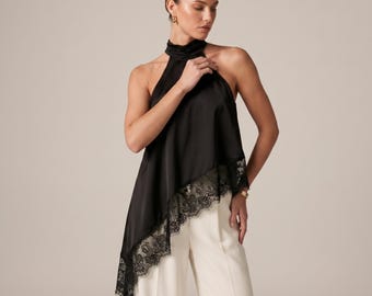 Satin Style Halter Top, Lace Trim Asymmetrical Blouse, Sleeveless Flowing Shirt