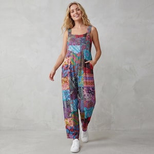 Boho Patchwork Jumpsuit Kvinnor Vida Ben Romper Färgglada Ärmlösa Overaller Casual Lös Passform Fick Jumpsuit Festival Outfit