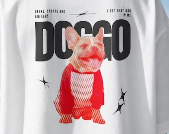 Frenchie Doggo T-Shirt | Retro Halftone French Bulldog Graphic Tee | Streetwear Style Dog Lover Gift | Barks Snorts and Big Ears Pet Shirt