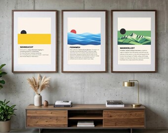 Wanderlust, Longing & Distant Lands Print Set – Set of 3 Minimalist Wall Art – Instant Download, Aesthetic Definition Art, German Word Art