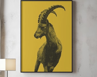 Capricorn Wall Art, Halftone Print, Mustard Yellow Astrology Decor, Modern Zodiac Poster, Minimalist Ibex Print, Boho Office Art, Download