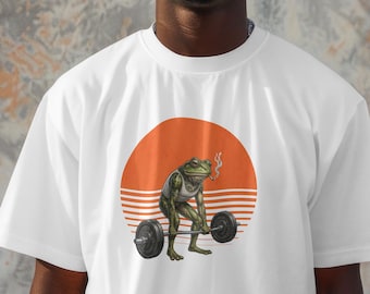 Smoking Frog Weightlifter Gym T-Shirt | Retro Orange Sun Barbell Graphic Tee