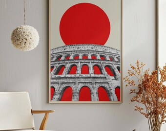 Colosseum Poster, Rome Wall Art, Modern Italian Architecture Print, Minimalist Red and Black Travel Decor Rome Gift Architectural Wall Print