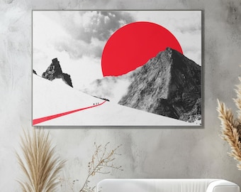 Minimalist Mountain Wall Art Red Sun Digital Download, Printable Japanese Style Landscape, Mountaineers Hiking Poster, Modern Abstract Decor