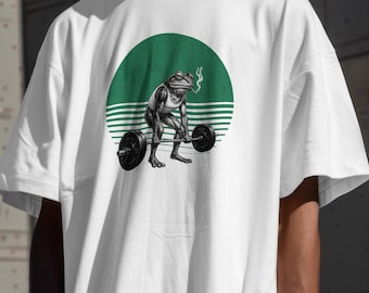 Smoking Frog Weightlifter Gym T-Shirt | Retro Orange Sun Barbell Graphic Tee