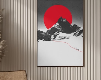 Minimalist Mountain Poster, Digital Download, Japanese Wall Art, Red Sun Landscape Print, Printable Wall Art, Modern Scandi Decor, Download