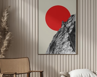 Alpinist Rock Climbing Poster - Minimalist Mountain Wall Art with Red Sun - Mountaineering Print, Adventure Home Decor, Black and White Art
