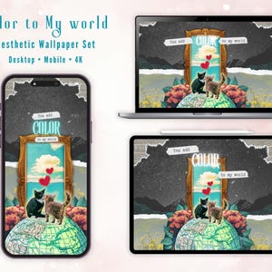 Puede incluir: Juego de fondos de pantalla estéticos para dispositivos de escritorio, móviles y tabletas. El diseño presenta una imagen enmarcada con dos gatos, corazones y un globo. También se incluye el texto "Color to My World" y "You add COLOR to my world".