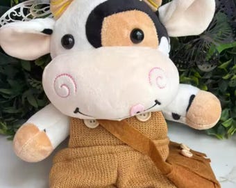 Schattige pluche koepop met overall en minitas | Kawaii knuffeldier | Boerderij koe knuffel | Zacht verzamelcadeau 30 CM