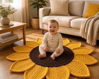 Crochet Sunflower Rug Pattern PDF | Round Floral Floor Mat | Sun Flower Crochet Rug | DIY Chunky Crochet Rug Pattern