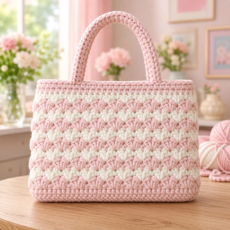 May include: A handmade, pink and white crochet handbag with a structured shape and two rounded handles. The bag features a repeating shell stitch pattern in alternating stripes of pink and white yarn. The bag is sitting on a wooden surface.