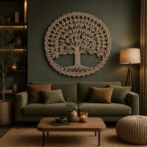 Op de afbeelding: Een grote, ronde wanddecoratie met een levensboom. Het kunstwerk is gemaakt van natuurlijk gekleurde vezels en hangt boven een groene bank met bruine en groene kussens. Een houten salontafel en een vloerlamp maken de scène compleet.