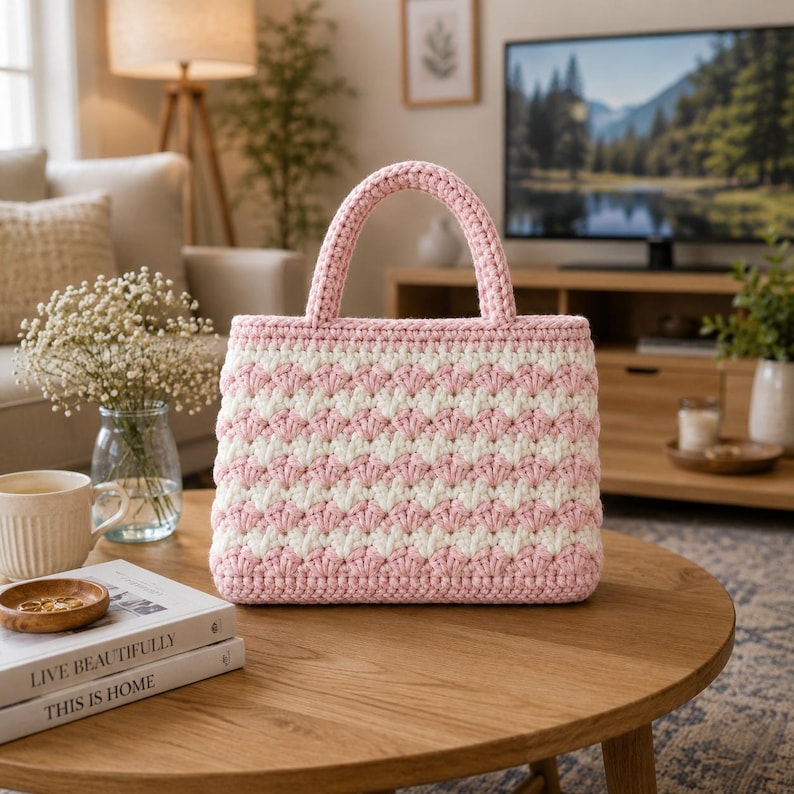 May include: A pink and white crocheted handbag with a geometric pattern. The bag has two handles and a rectangular shape. The bag is sitting on a wooden table with books and a cup.