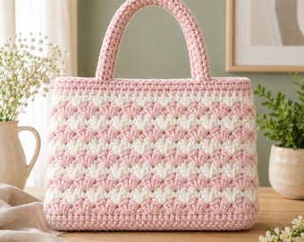 Shell Stitch Crochet Tote Bag Pattern | Two Color Market Bag PDF | Crochet Purse Pattern, Textured Shell Stitch Bag