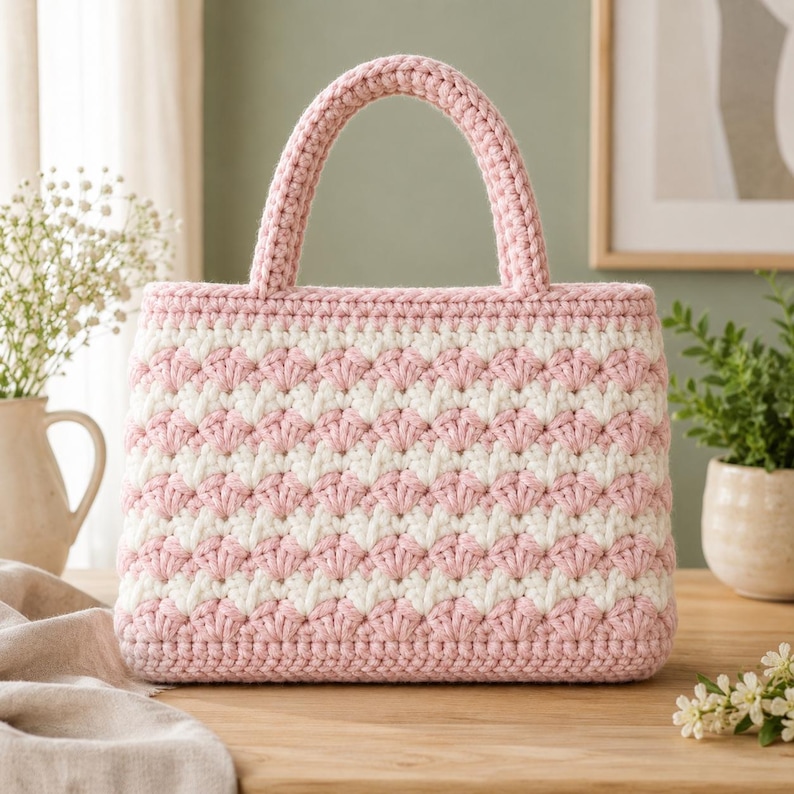 May include: A handmade crochet handbag in a soft pink and white color scheme. The bag features a textured pattern and sturdy handles. The bag is sitting on a wooden surface.