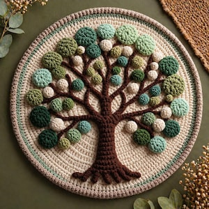 Peut inclure: Une tenture murale ronde au crochet représentant un arbre. Le tronc et les branches de l'arbre sont marron, avec des cercles texturés verts, bleus et crème représentant les feuilles. Le fond est crème avec une bordure verte et marron.