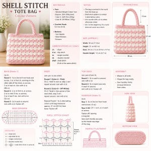May include: A crochet pattern for a shell stitch tote bag. The bag is pink and white, with a shell stitch pattern. The finished bag is approximately 11.8 inches wide and 8.3 inches high. The handle height is 4.7 inches.