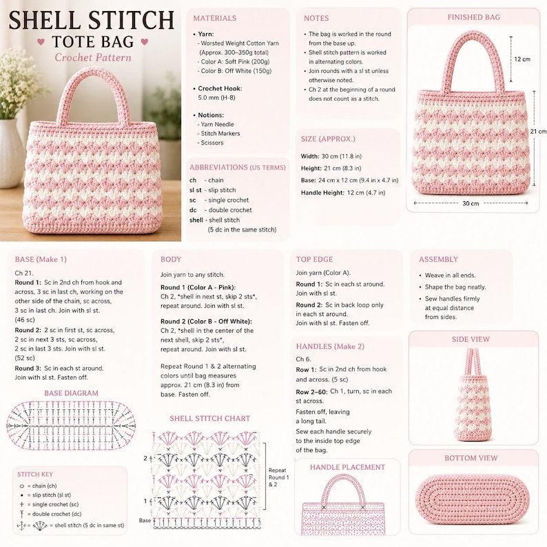 May include: A crochet pattern for a shell stitch tote bag. The bag is pink and white, with a shell stitch pattern. The finished bag is approximately 11.8 inches wide and 8.3 inches high. The handle height is 4.7 inches.