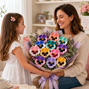 Op de afbeelding: Een boeket van gehaakte viooltjes in diverse kleuren waaronder paars, blauw, roze, geel en turquoise, geaccentueerd met takjes gedroogde lavendel en gipskruid, verpakt in bruin papier en vastgebonden met een lichtpaars lint.