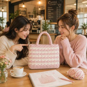 May include: A pink and white crocheted tote bag with a shell stitch pattern. The bag has two handles and is sitting on a wooden table. A cup of coffee and a notebook with a bag illustration are also on the table.