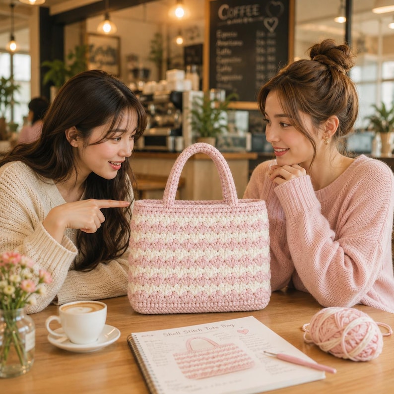 May include: A pink and white crocheted tote bag with a shell stitch pattern. The bag has two handles and is sitting on a wooden table. A cup of coffee and a notebook with a bag illustration are also on the table.
