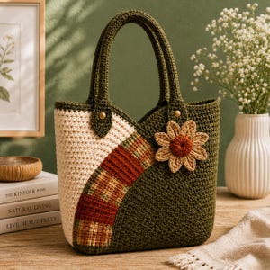 Op de afbeelding: Handgemaakte gehaakte tote bag in olijfgroen, crème en een ruitpatroon van roest en bruin. De tas heeft een bloemenapplicatie en stevige handvatten. De tas is een stijlvol accessoire voor het dragen van essentials.